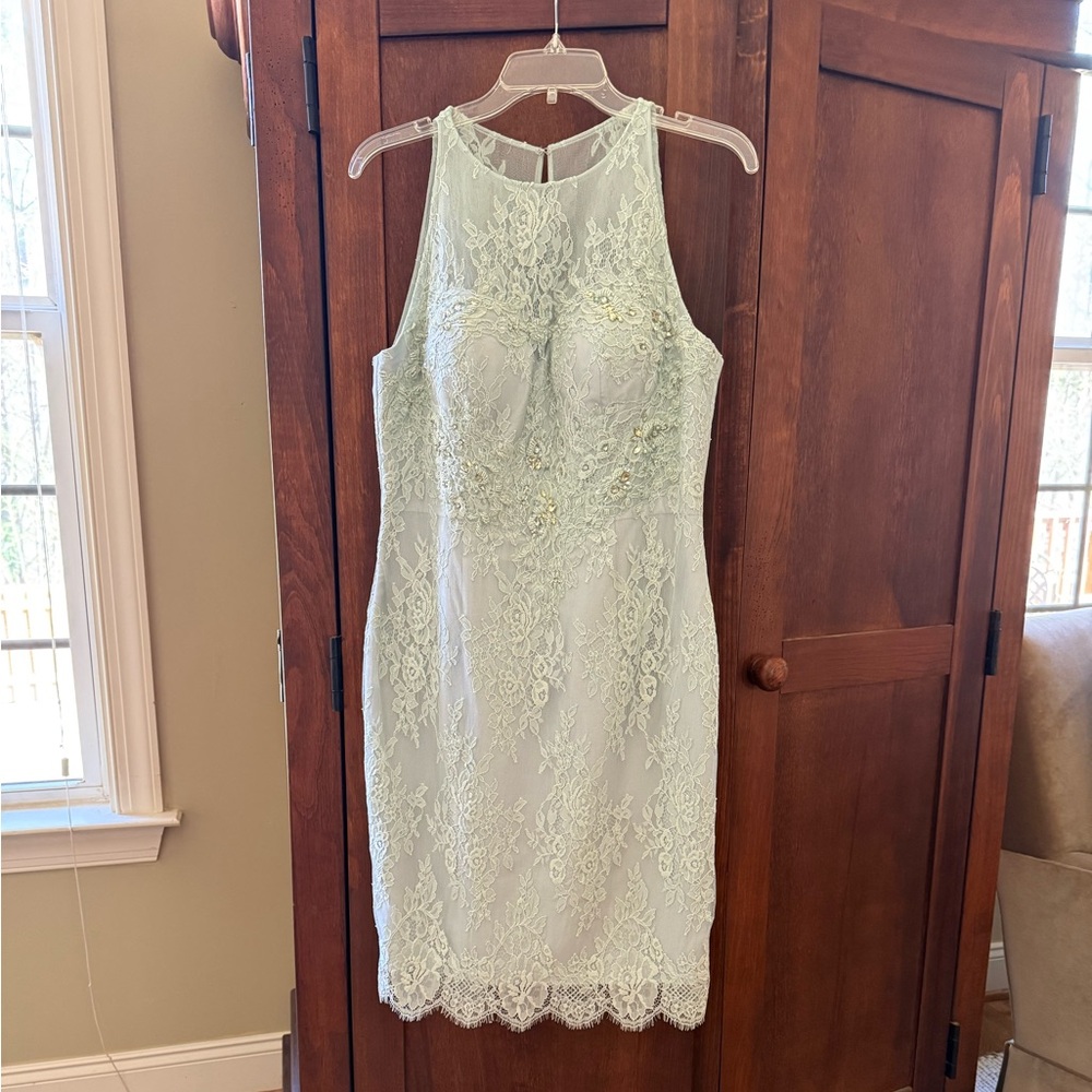 Mon Cheri Mint Lace Midi Dress with Beaded Accents